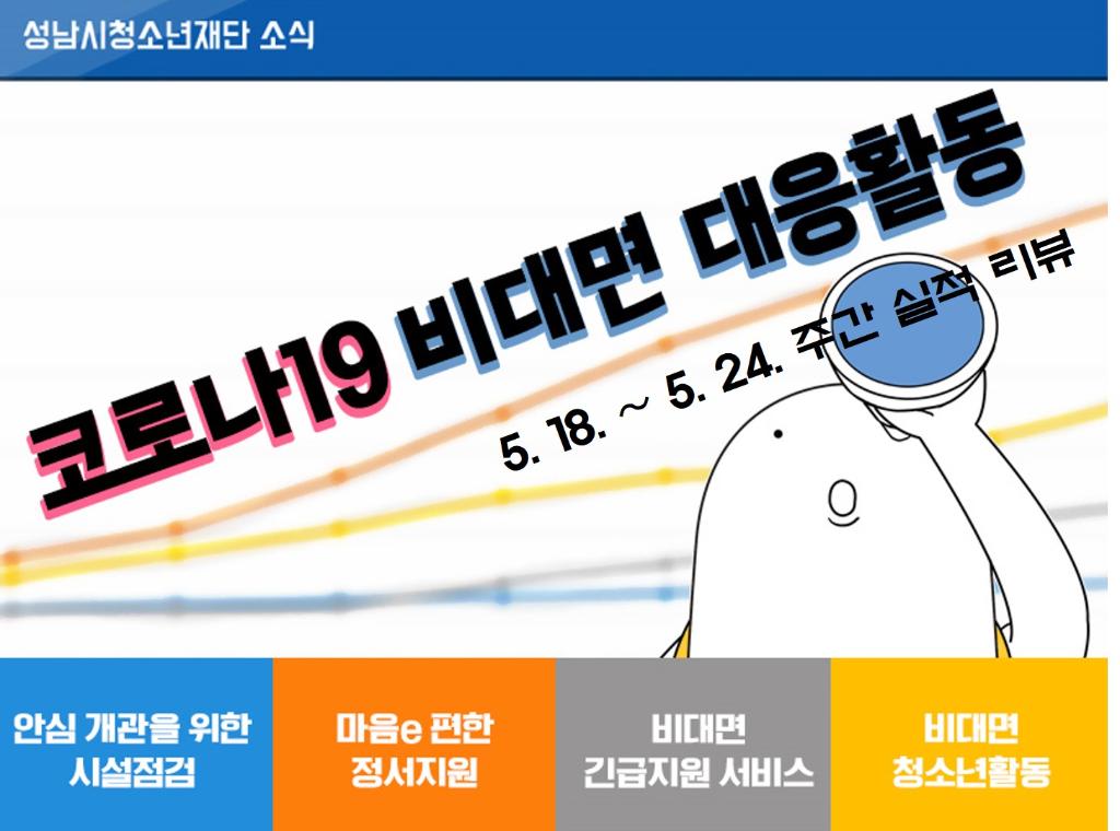 성남시청소년재단소식 - 코로나 19 비대면 대응활동 주간실적 리뷰(5.18~5.24) 1. 안심개관을 위한 시설점검 2. 마음 e 편한 정서지원 3. 비대면 긴급지원 서비스 4. 비대면 청소년활동